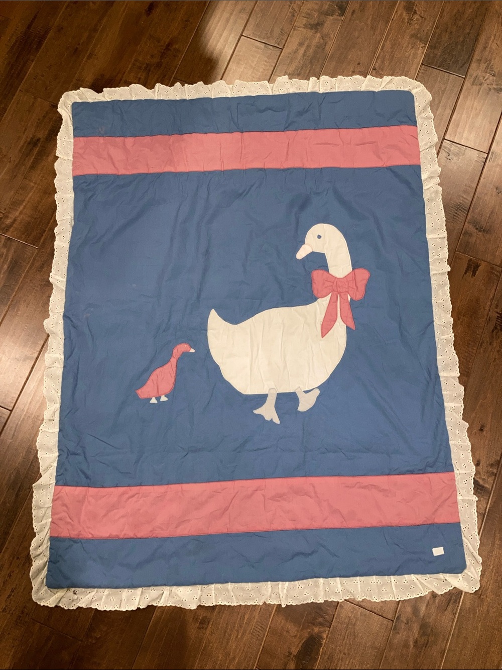 Vintage Blue & Pink Goose Appliqué Baby Blanket - 37” x 48”